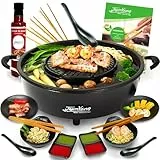 TomYang Hot Pot Elektrisch Professional Set inkl. Kochbuch für den Original Thai Grill, 10-TLG. Geschirr-Set & Thai BBQ Sauce, 6 Grillzangen, Korean BBQ Grill