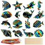 JOLCEEY 64 Stück Kinder Meerestiere Kratzbilder Set, Kratzpapier zum Basteln für Kinder DIY Regenbogen Scratch Painting für Basteln Party Mitgebsel Geschenkanhänger Kindergeburtstag Meer Themen Deko