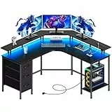 Seventable L-förmiger Gaming Schreibtisch mit LED-Beleuchtung & Steckdosen, Eckschreibtisch mit 3 Stoffschubladen & Ablage, Computertisch für Home Office & PC-Gaming,Schwarz, 119 × 119 × 88 cm