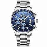 CRRJU Herren Uhr wasserdichte Chronographen Armbanduhr Männer Edelstahlarmband Business Analog Quarzuhr mit Kalender (Silber Blau)
