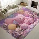 Generisch Teddybär mit Luftballons und Blumen Teppich Schlafzimmer, Traumhaft Süß Teppich 50 x 80 cm, Romantisch Spielzeug Waschbar Kurzflor Antirutsch Teppiche Für Wohnzimmer Schlafzimmer