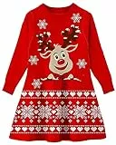 AIDEAONE Mädchen Weihnachtskleid Weihnachts Strickkleid X-Mas Rentier Pullover Kleid Rot,XXL
