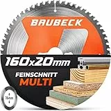 BAUBECK Sägeblatt 160x20 +16mm Adapter, 60Z, 1.5mm Feinschnitt in Holz & Alu kompatibel mit Festool TS 55 / ATF 55 E, Bosch PKS 55 A/PKS 54, Kreissägeblatt 160x20, Sägeblatt 160x16