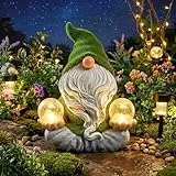 TERESA'S COLLECTIONS Lustige Gartenzwerge Gartendeko für Draußen Gartenfiguren Wetterfest Figur Yoga Zwerg Beflockte mit Zwei Glaskugel Solarleuchte Gartenwichtel Geschenk Muttertag Vatertag,15cm(M)