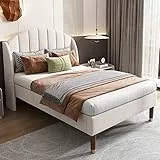 Kayan Polsterbett 90 x 200cm, Bettgestell mit Lattenrost und Kopfteil, Lattenrost aus Holz, Jugendbett, für Erwachsene & Jugendliche, Einfache Montage, Samt (Beige, 90 x 200cm)