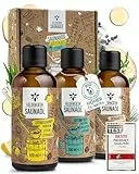 Heldengrün® BIO Saunaaufguss Set [100 % NATURREIN] 3er Duftmix mit ätherischen Bio-Ölen – Für jede Stimmung & 60 Anwendungen – Sauna Konzentrat: wohltuend & intensiv – Geschenk für Sauna-Liebhaber