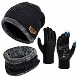 OOPOR Wintermütze Schal Touchscreen Handschuhe Set - Unisex Beanie Strickmütze Winterschal Thermo | Fleecefutter Warme Knit Hut Loop Rutschfeste | für Herre Ski 3-in-1 Winter-Set