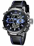 MEGALITH Herrenuhr Militär Digitaluhr Sportlich - Armbanduhr Herren 45mm Groß Zifferblatt Wasserdicht LED Uhren fur Männer Schwarz Leder Stoppuhr Wecker Kalender