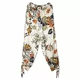 TSWRK Hosen Blumen Print Damen: Sensuales und modisches High Waisted Pants with Slit Party Urlaub Beige