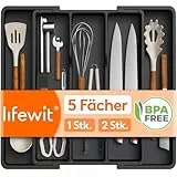 Lifewit Besteckkasten für Schubladen, Großer Utensilienständer Erweiterbar auf 57 cm, Küchenutensilienhalter Tiefe 38 cm, Schubladen Organizer Küche, Kunststoff Besteckhalter für Messer/Gabel, Schwarz
