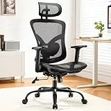 Bürostuhl Ergonomisch: Hochlehner-Mesh-Stuhl mit Verstellbarer Lendenstütze, 2D-Kopfstütze, oberen & unteren Armlehnen, 90-120° Neigung, breitem Sitzkissen, ideal für Gaming & Home-Office, Schwarz.