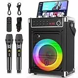JYX Karaoke Maschine mit 2 UHF-Funkmikrofonen, Bluetooth-Lautsprecher mit Bass-/Höhen-Einstellung und LED-Licht, PA-Systemunterstützung TWS, AUX in, FM, Rec, Versorgung für Party/Erwachsene