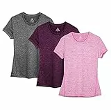 icyzone Sport T-Shirt Damen Kurzarm Laufshirt - Atmungsaktive Fitness Gym Shirt Sport Oberteile, 3er Pack (L, Charcoal/Red Bud/Pink)