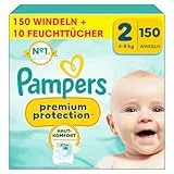 Pampers Premium Protection Größe 2, Windeln, 4kg-8kg, Doppelter Schutz für die Haut und vor Auslaufen +10 Stück Pampers Aqua Baby-Feuchttücher enthalten
