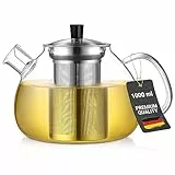 ecooe 1000ml Silberne Teekanne aus Glas Borosilikat Glas Teebereiter mit Abnehmbare 18/8 Edelstahl-Sieb Rostfrei Hitzebeständig für Schwarzen Tee Grüner