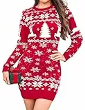Totatuit Weihnachtskleid Damen Langarm mit Rentier und Schneeflocken Figurbetontes Design Outfit für Party und Winterfotos Roter-Weihnachtsbaum M