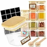 Withosent 12er Vorratsdosen Glas Set, 120ml Gewürzgläser Eckig Holzdeckel, Vorratsgläser Gewürzbehälter mit Deckel Löffel Klein, Stapelbare Gewürzdosen Küche für Gewürze, Spice Jars
