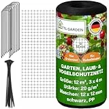 TTL GARDEN 3x4m Vogelschutznetz Laubnetz 20g/m² schwarz - 12x12mm Masche engmaschig 12m² 1 Faden System extra stabil - Obstbaumnetz Schutznetz Gartennetz reißfest robust 15 Erdanker + 15 Kabelbinder