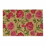 Relaxdays Fußmatte Kokos, Rosen-Motiv, Fußabtreter 40x60 cm, Türvorleger innen & außen, rutschfest, Türmatte, pink/Natur