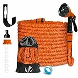 VOUNOT Flexibler Gartenschlauch 15 m, Flexibel Wasserschlauch Dehnbarer mit 10 Sprühfunktionen, 1/2 Zoll und 3/4 Zoll Schnelladaptern, Aufbewahrungstasche inklusive, Orange