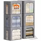 Lifewit 40L Aufbewahrungsbox mit Deckel, Kleidung Aufbewahrung, Faltbare Kleideraufbewahrung mit Metallrahmen, Stoffbox mit Griffen & Fenster, Aufbewahrung Kleiderschrank, 6er Set, Hellgrau