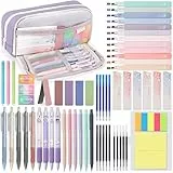 DazSpirit 61 Stück Schulzubehör mit Mäppchen, 12 Textmarker Pastell, 4 Radierbarer Stifte, 5 Gel Stifte, 6 Druckbleistifte, Back To School Stuff, Office Essentials, Schreibwaren Set für Schüler (Lila)