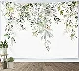 LB Wandteppich Grünes Blatt Wandtuch Eukalyptusblätter Ästhetische Blume Wandbehang Tropische Pflanze Weiß Tapisserie für Wohnzimmer Schlafzimmer Wohnheim Wanddeko,150Bx100H cm