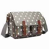 KONO Umhängetasche Groß Messenger Bag Wachstuch Schultertasche Schulranzen für Jungen und Mädchen Damen Tupfen Lässige Reise Tasche Handtasche für Schule (Grau)