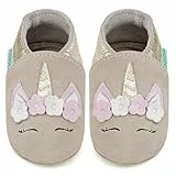 IceUnicorn Lauflernschuhe Baby Krabbelschuhe Lederschlappen Babys Jungen Mädchen Weicher Lederpuschen(Beige Einhorn, 12-18 Monate)