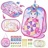 HappyKidsClub 5-in-1 Ring Wurfspiel Dartscheibe Outdoor Garten Spiele Für Kinder, Gartenspielzeug Kinder Outdoor Strand Spielzeug Ab 3-7 Jahre Mädchen, Einhorn Geschenk Mädchen 3-8 Jahre