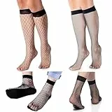 THXFUNAREA 4 Paar Kniestrümpfe Damen Netzstrümpfe Schwarz Netz Wadenstrümpfe Halterlose Fishnets Socken Hohle Damensocken Netz Kniestrümpfe Transparente Oberschenkelsocken