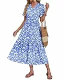 AUSELILY Sommerkleid Damen Lang V Ausschnitt Maxikleider Damen Sommer Rüschen Kurzarm Strandkleid Midi Freizeit Kleider Leicht und Luftig mit Taschen Elastischer Taille Blau Weiß Blumen M