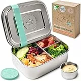 Everusely - Bento Box - Grün - 0,8 L - Edelstahl-Lunchbox mit auslaufsicherem Gewürzbehälter - Snack-Behälter mit 3 Fächern