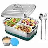 SUNOYA Doppelstöckige Edelstahl Brotdose 2000 Ml, 3-Fächer Bento Box Auslaufsichere Brotzeitdose, mit Löffel und Gabel, Auslaufsicher, Bpa-Frei, Spülmaschinenfest