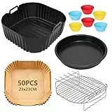 FDOUIGE Heißluftfritteuse Zubehör 23CM - Airfryer Zubehör XXL für COSORI 6L, 6,2L,6,4L, Russell Hobbs 8L,Air Fryer Accessories mit Silikonform, Grillroste,Pizzapfanne,Backpapier,Silikon Cupcake Forme