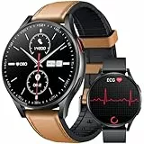 Smartwatch Herren mit EKG 𝐇𝐑𝐕 Blutdruck: Smart Watch Uhr 1,43' Rund AMOLED Schwarz Lederarmband ECG Armbanduhr Wasserdicht Herzfrequenz Schlafen Schrittzähler Telefonfunktion Fitnessuhr Android iOS