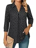 Amrto Bluse Damen Elegant 3/4-Ärmel V Ausschnitt A-Linie Longbluse Longshirt mit Revers Kragen, Casual Elegant Lose Sommer Damenbluse Oberteil für Büro Business, Schwarz M