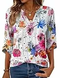 Rapbin Kleidung Damen 3/4 Ärmel Langerm Tshirt Tunika Sommer V-Neck Bluse Shirt Lässig Locker Oberteile Weiß Buntbedruckt L