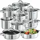 tectake® 15-tlg. Topfset, Edelstahl Kochgeschirr, Bratpfanne und Töpfe Set mit Deckel, Kochtopf Set für Induktionskochfeld, Gas- und Elektroherd geeignet, Topfsets für Camping und Wohnung, Küchensets