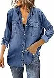 Saodimallsu Damen Jeanshemd Langarm Bluse Button Down Denim Hemden Casual Regular Fit Jeansjacke mit Brusttaschen Dunkelblau XL