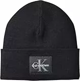 Calvin Klein Herren Strickmütze Monologo Patch Beanie Feinrippstrick, Schwarz (Black), Einheitsgröße