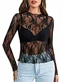 Avidlove Damen Sexy Top Langarm Bodys Elegant Bluse Spitze Oberteil Festival Outfit Mesh Shirt Sommer Rave Schwarz XXXL
