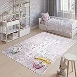 TAPISO Emma Teppich Waschbar bei 30 Grad Rosa Hasen Hüpfspiel bedruckter Kinderteppich Antirutsch Kinderzimmer Jugendzimmer Modern ÖKO-TEX 120 x 170 cm