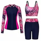 GRACE KARIN Damen Wassersport Badeanzug 3-teilig Langarm Cardigan Crop Top Hochbund Shorts Schwimmbekleidung Rosarote Blätter S