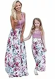 EFOFEI Frauen Mama Und Ich Kleider Boho Schwingen O-Ausschnitt Kleid Elastische Hohe Taille Patchwork Maxi Kleid Violettes Blumenmuster M