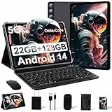 DMOAO Tablet 10 Zoll mit 22GB RAM+128GB ROM TF 1TB, 8-Core 2.0 GHz, Widevine L1, 8000mAh, 5G WLAN, 2 in 1 Android 14 Tablet mit Tastatur und Maus, BT 5.0/GPS/Face ID, Metall Grau