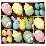 Victor's Workshop 35x Ostereier zum Aufhängen, farbige künstliche Ostereier mit schönen Mustern und Multi-Style für Osterdeko Osterstrauß Osterkörbchen Frühlingsdeko - Bunt