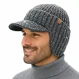 TOP-EX DryKnit™ XL/XXL wasserdichte 80% Merinowolle Schirmmütze Herren Großer Head, Winter Strickmützen Beanie Cap, Warm Winddicht Wintermütze mit Fleecefutter und Ohrenklappen für Running Ski, Grau