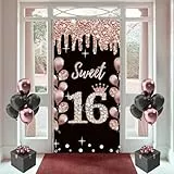 16. Geburtstag Dekorationen für Mädchen, Rosegold Hintergrund Tür Banner, 180 cm x 90 cm, Happy 16 Years Old Schild