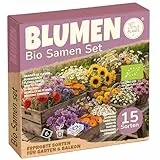 Bio Blumensamen Set - 15 Sorten Blumen Samen, Saatgut für Garten Balkon Hochbeet Blühwiese und mehr - Pflanzensamen Set
